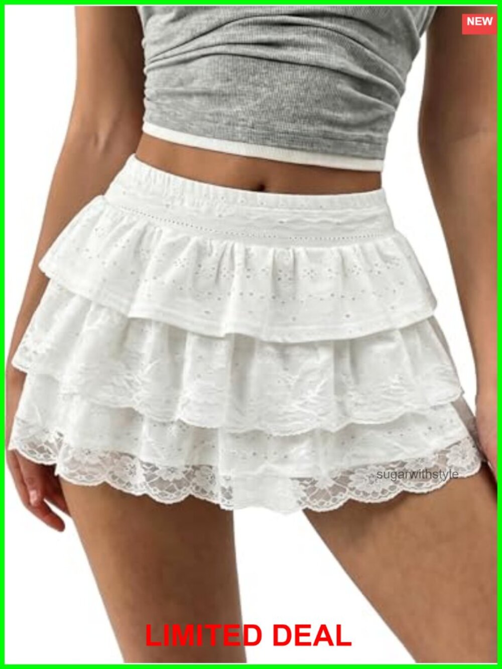 Lace Mini Skirt Ruffle Layered with Shorts A-Line Skort